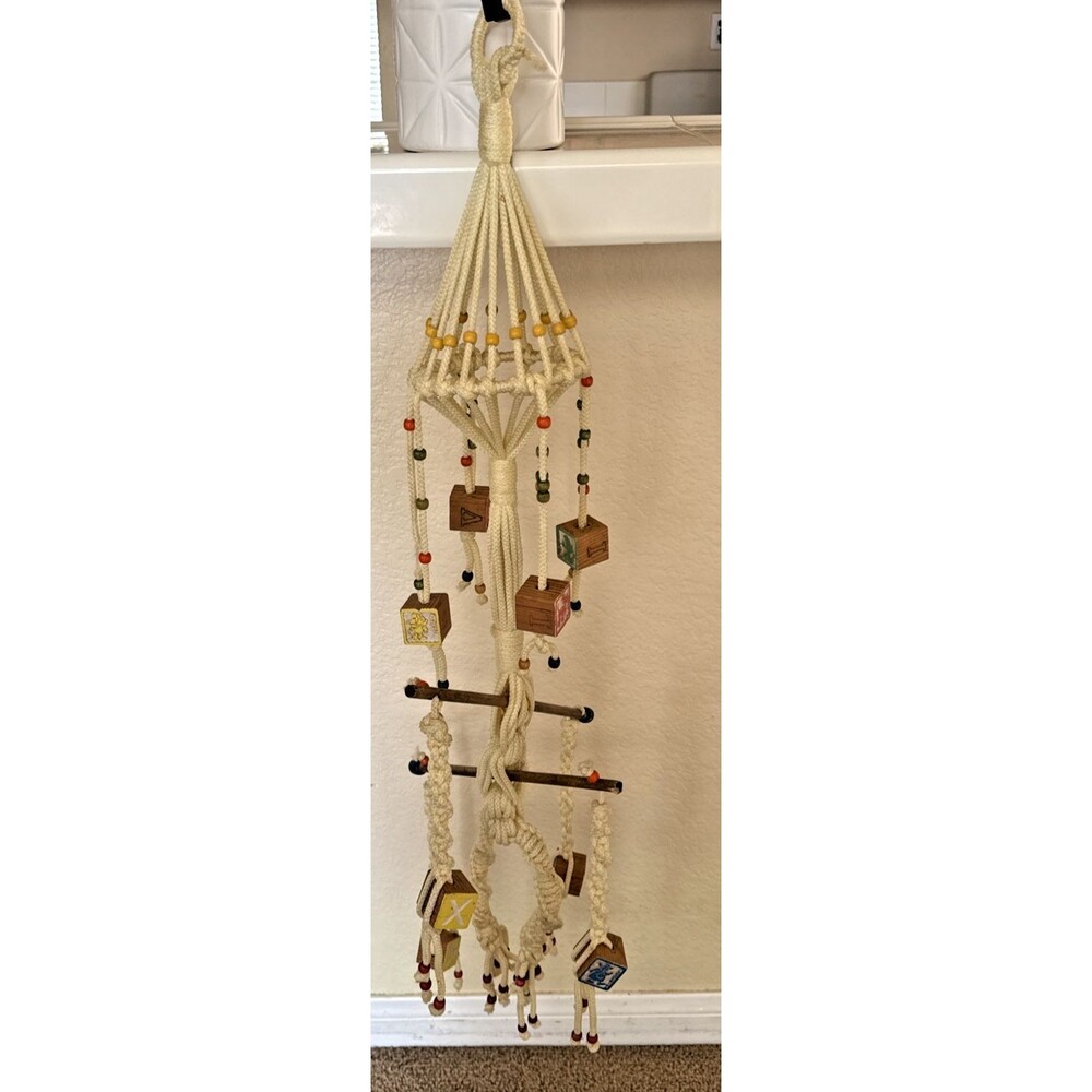 Vintage Handmade Macrame Wood Disney Blocks & Beads Wall Hanging Mobile Nursery